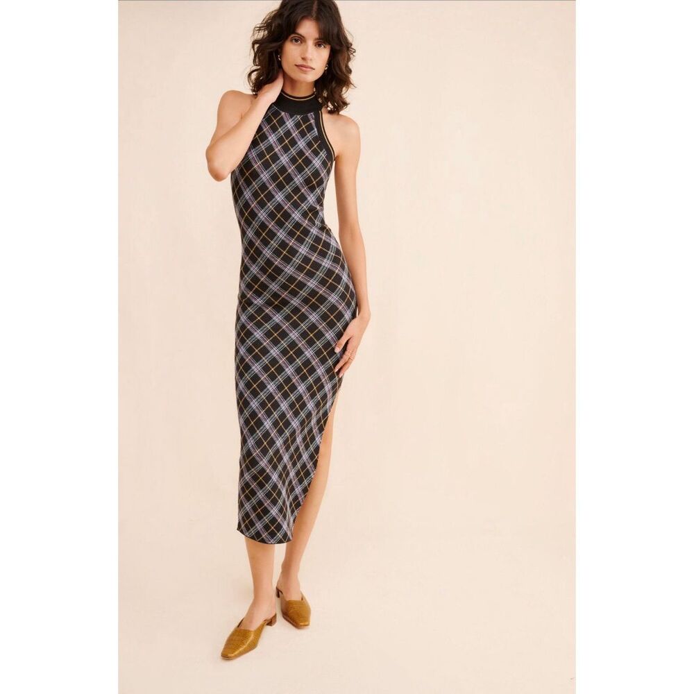 Free People Sz M Saylor Sleeveless Midi Dress Plaid Bodycon Black High Neck